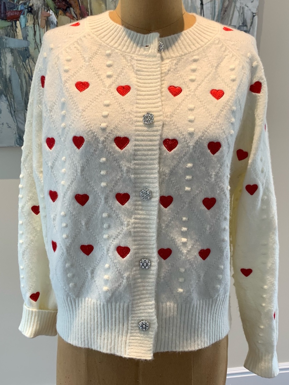 Women’s Cream Cardigan Sweater with Red Heart Pattern